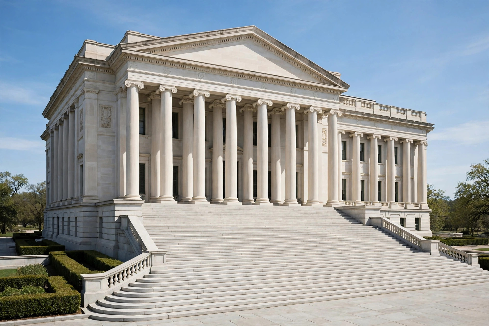 Illustration of a state government building with a rising path symbolising state civil services
