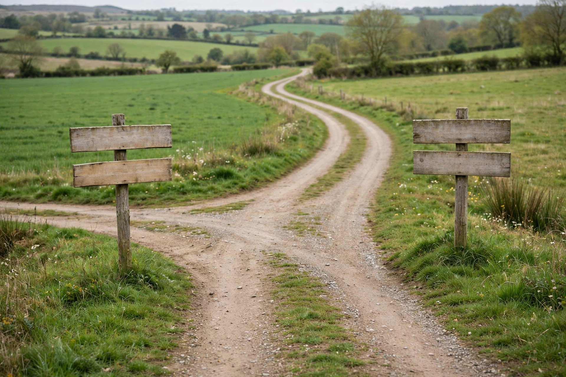 A symbolic fork in a road through green countryside with two signposts, representing a career choice without showing any person.