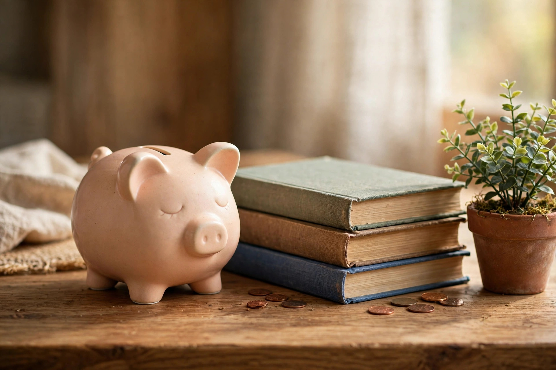 A small piggy bank beside school books and a plant on a desk in soft daylight, no people or text.