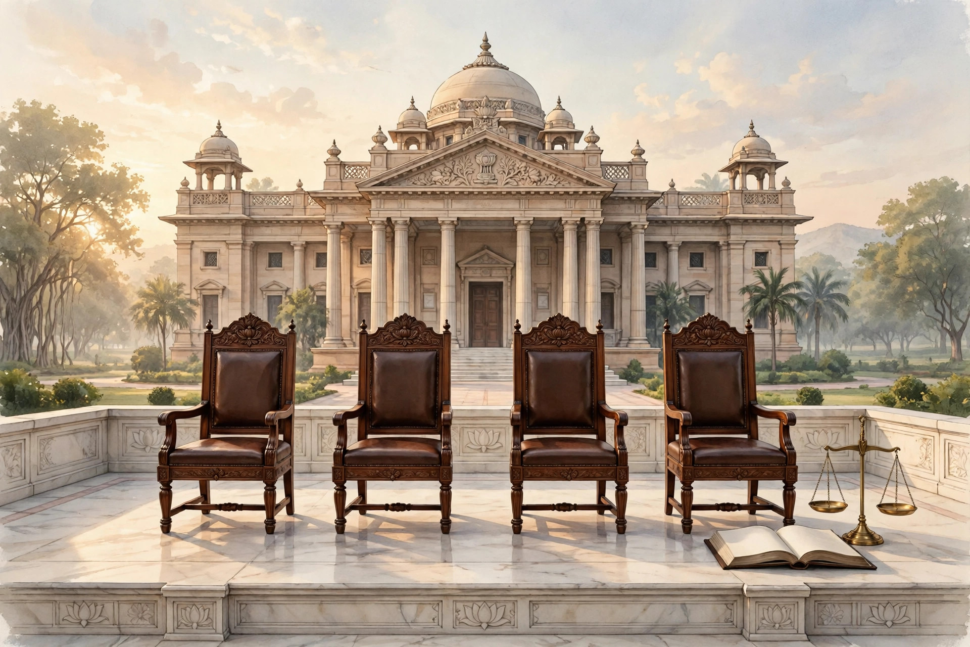 Illustration of a neoclassical courthouse with tall columns and four empty high-backed judicial chairs in the foreground, with a brass scales of justice and an open law book