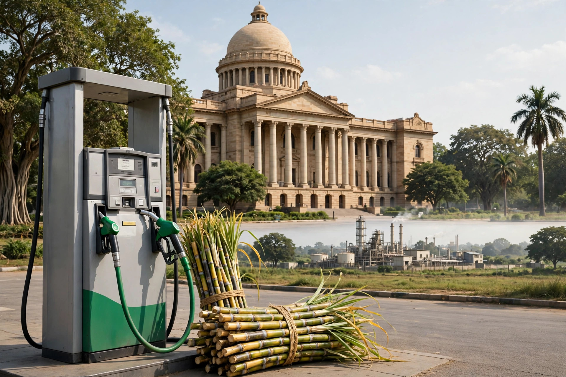 Editorial illustration of a fuel pump and sugarcane bundles in front of a courthouse, symbolising the Supreme Court's question on E100 fuel supply