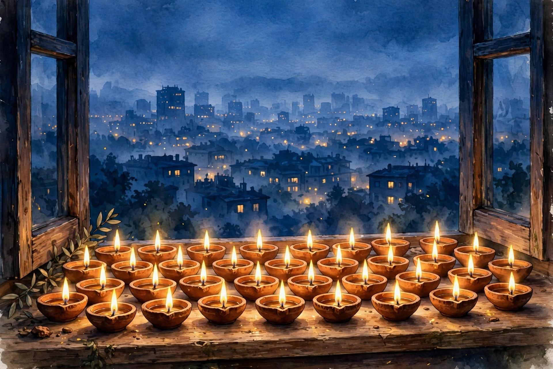 Editorial illustration of glowing diyas on a windowsill above a city skyline at dusk
