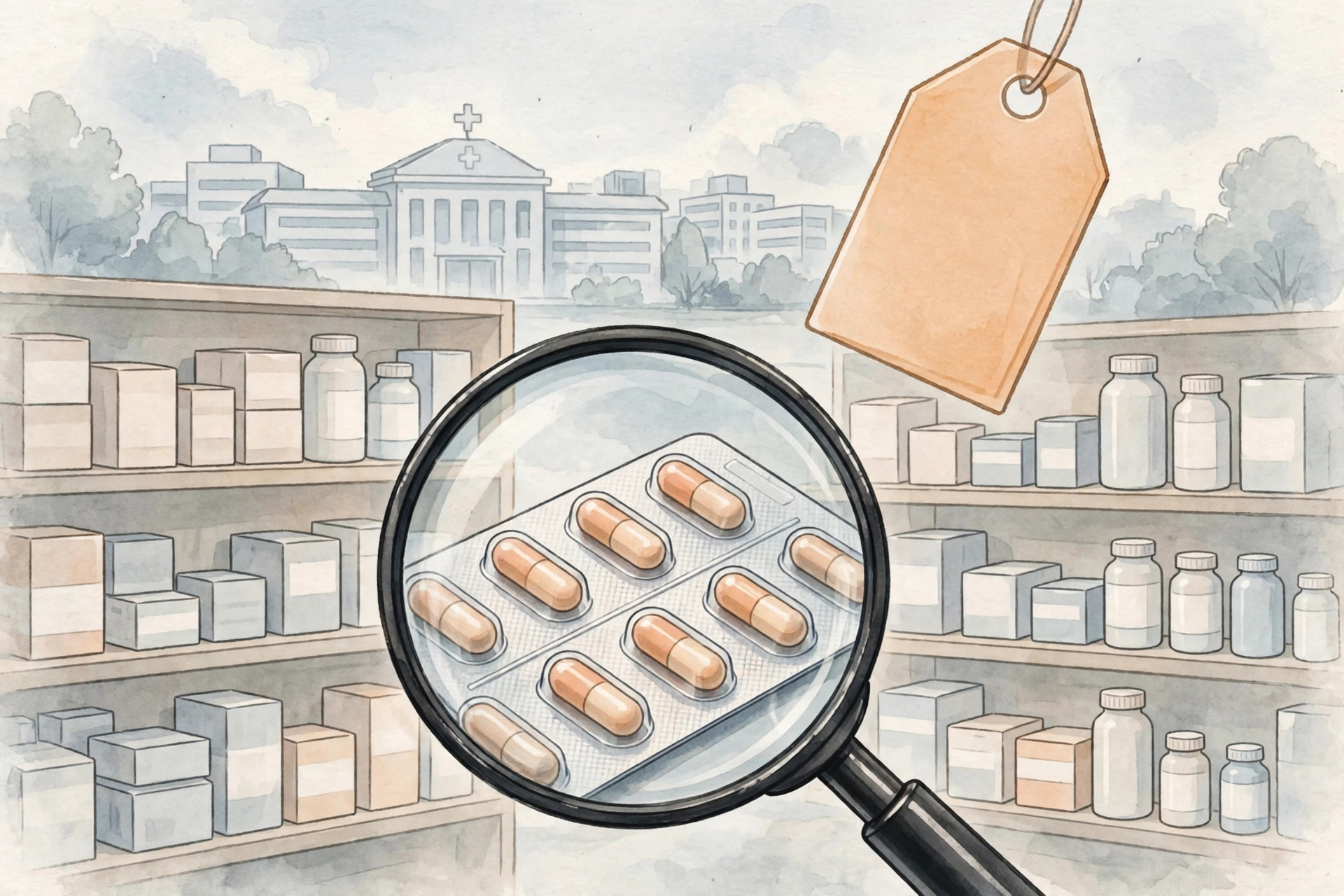 Editorial illustration of pharmacy shelves, a magnifying glass over a capsule strip and a blank price tag, with a hospital building behind