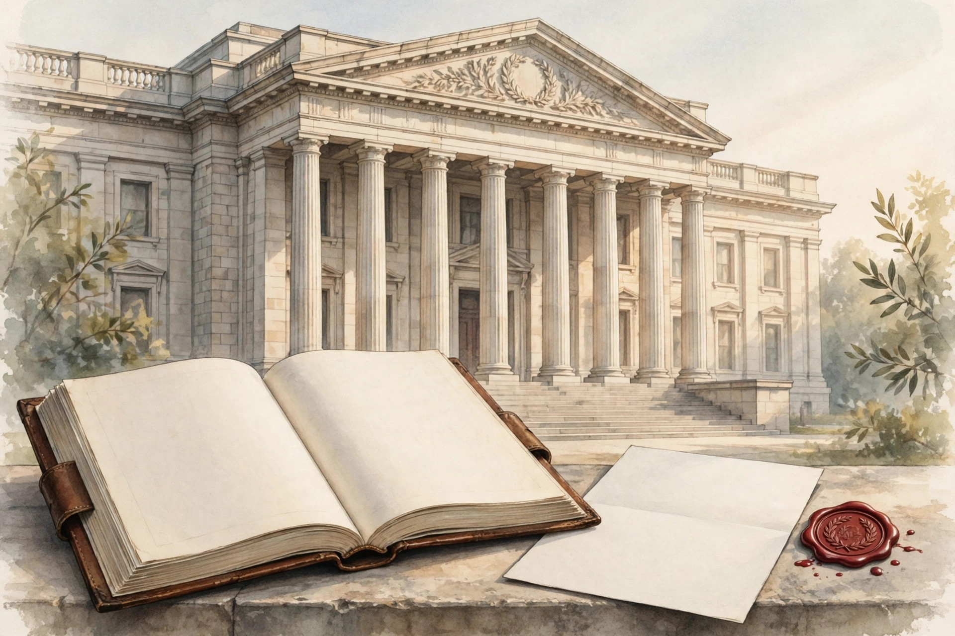 Illustration of a neoclassical courthouse with tall columns and a large open electoral register book in the foreground