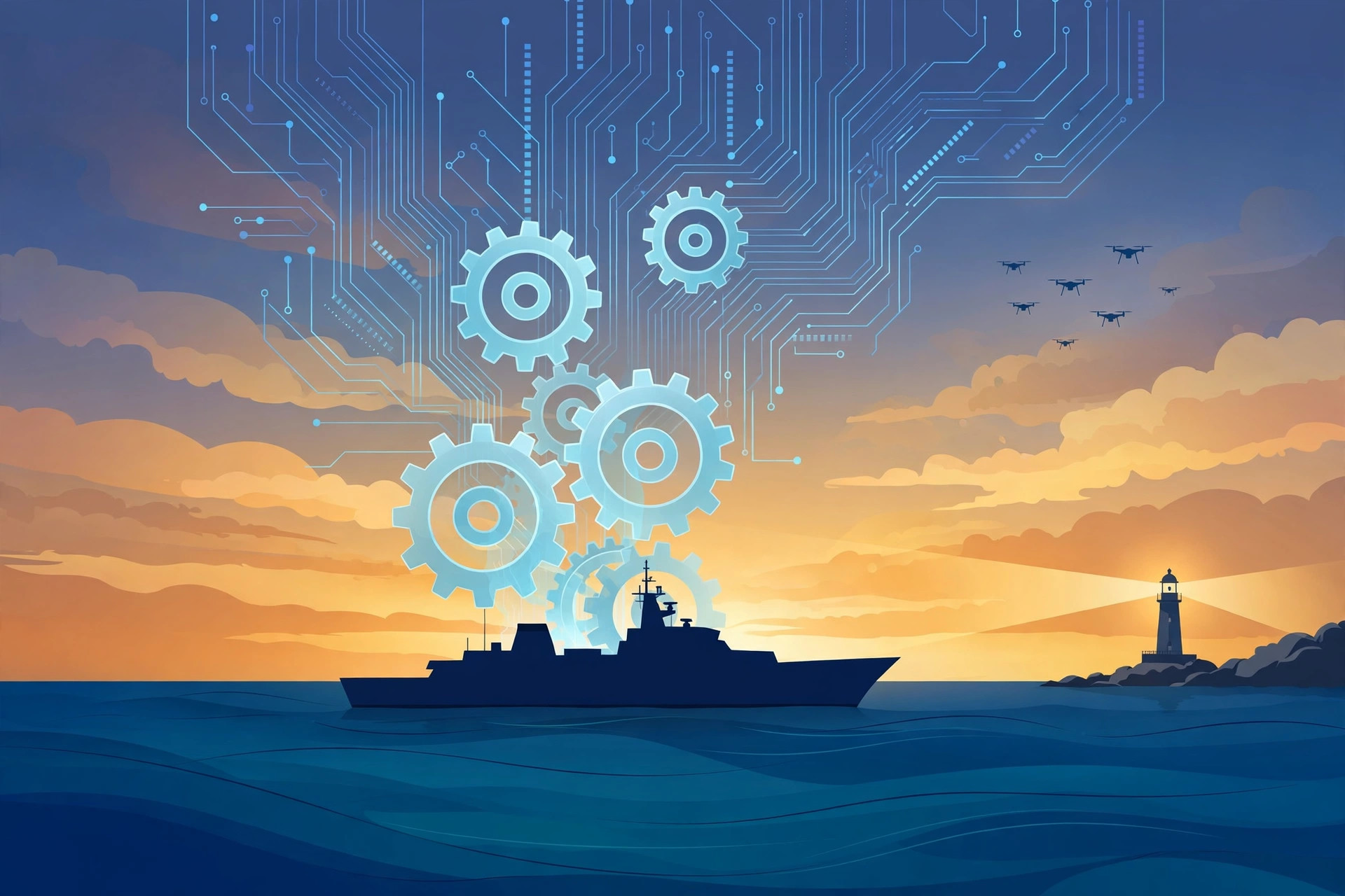 Editorial illustration of a naval ship at dawn with gears, circuit lines and drones symbolising defence innovation