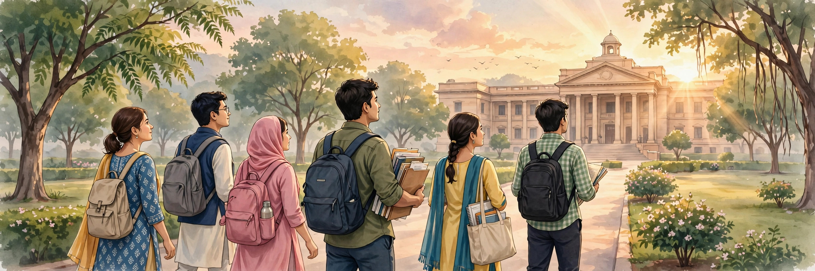 Editorial illustration of young job aspirants walking toward a government office building at sunrise
