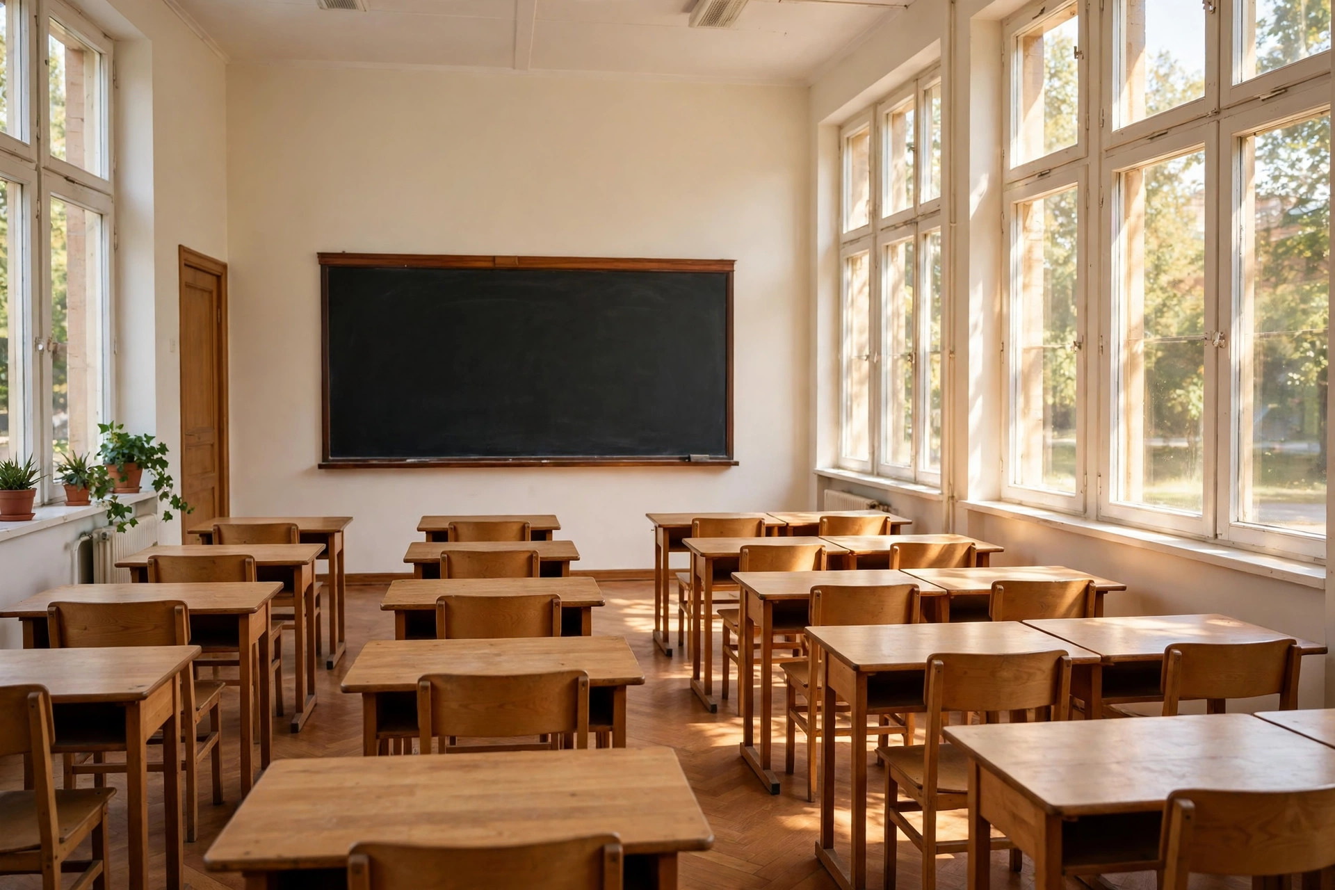 Illustration of a classroom with a teacher at a blackboard and students' desks