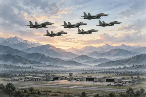 Editorial illustration of fighter jets flying in formation over an air force base at dawn