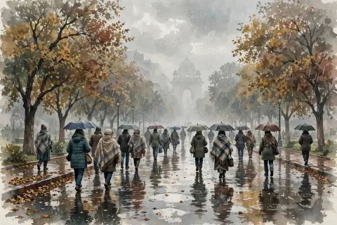 Editorial illustration of people with umbrellas and shawls walking on a rainy Delhi avenue in unusually cold October weather