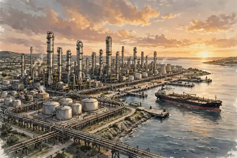 Editorial illustration of a coastal oil refinery and a crude oil tanker ship at dusk