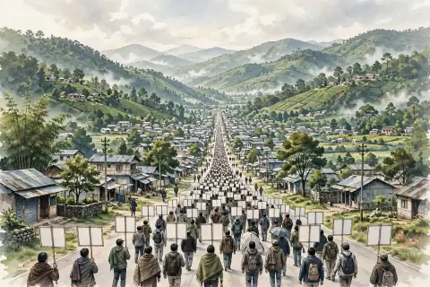 Editorial illustration of a large peaceful march with blank placards on a road through a green valley town
