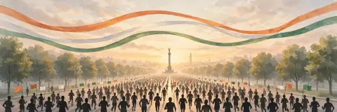 Editorial illustration of runners on a broad avenue at dawn under saffron, white and green ribbons for National Unity Day