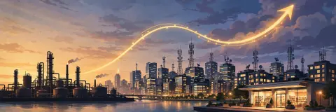 Editorial illustration of a refinery, telecom towers and retail storefront under a rising growth curve for Reliance Q2 FY27 results