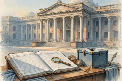 Editorial illustration of a courthouse, an open voter roll register with a magnifying glass, and a ballot box