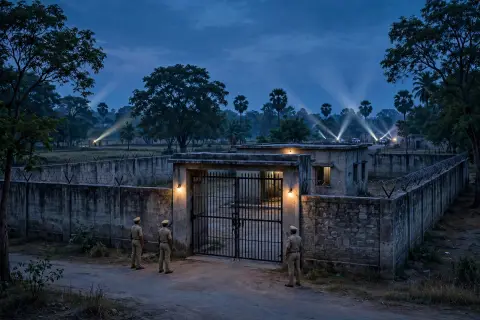 Editorial illustration of a district sub-jail gate at dusk with guards and searchlights for the Theni jailbreak