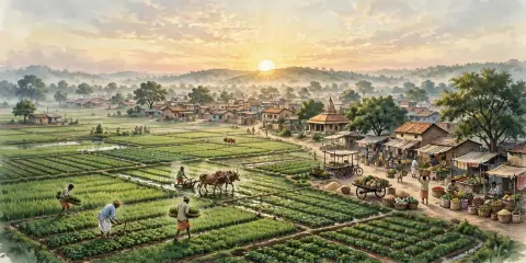 Editorial illustration of a rising sun over green fields and a small Indian town at dawn for India's poverty decline