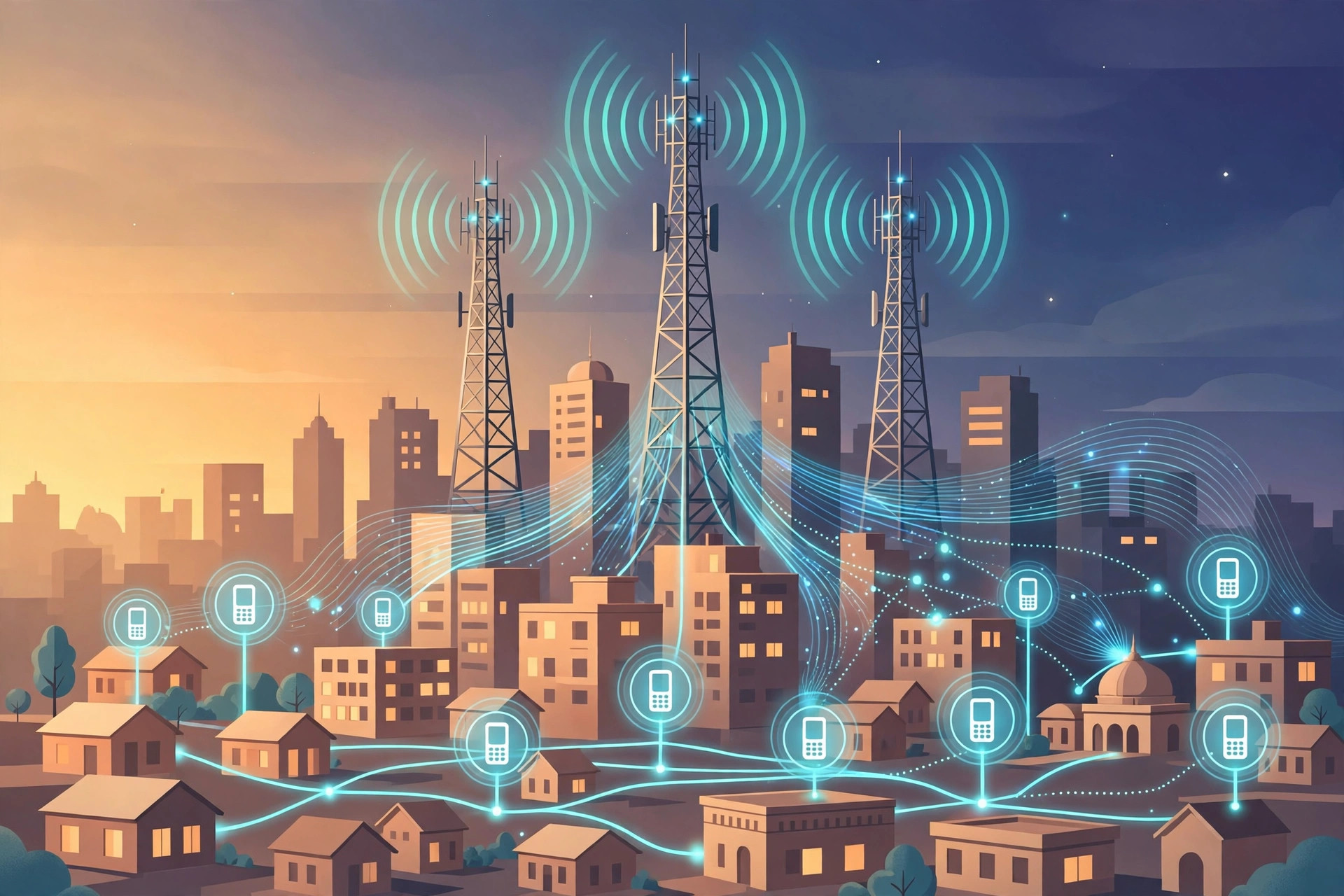 Editorial illustration of telecom towers sending signal waves over a city skyline