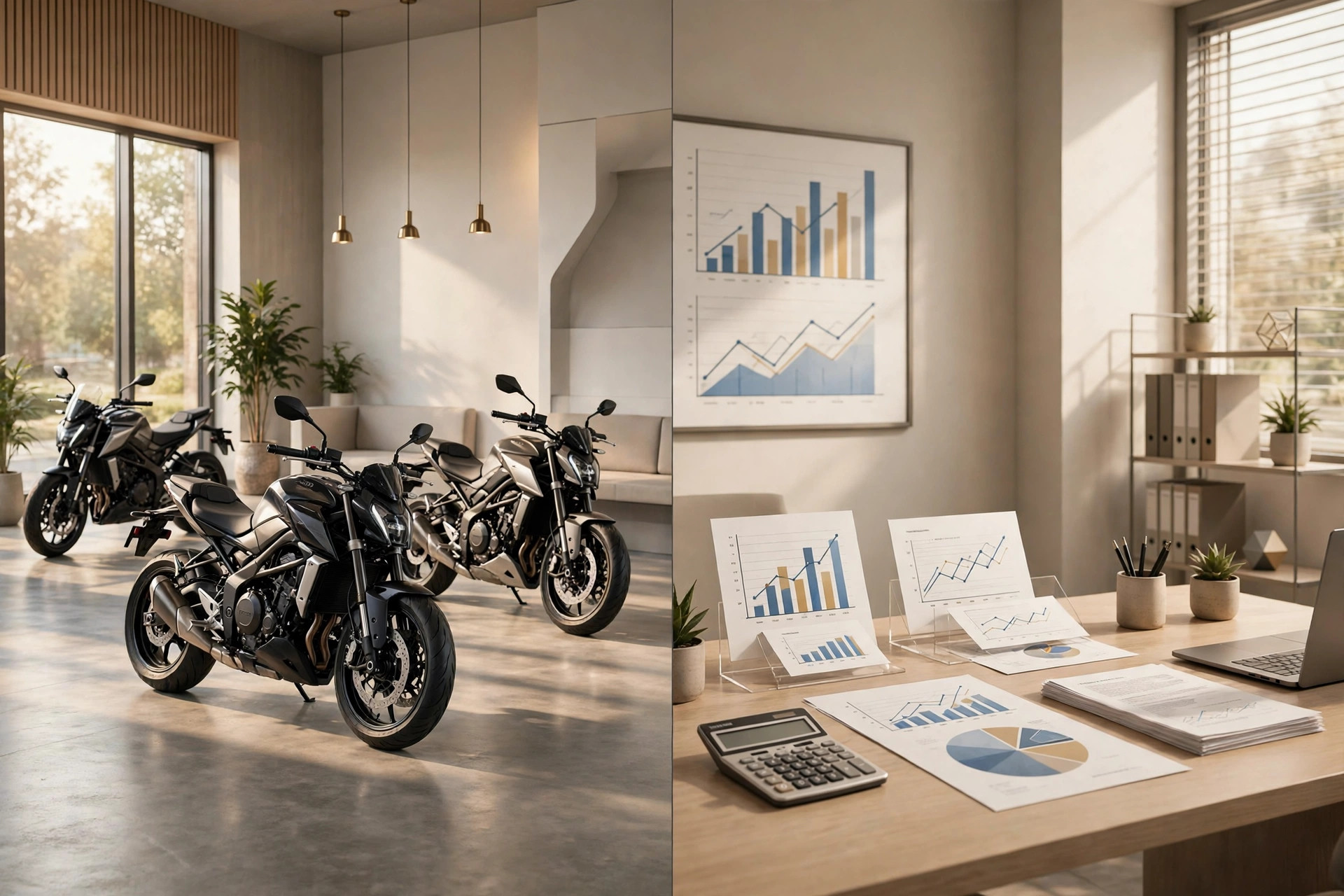 Editorial illustration of a motorcycle showroom beside a finance office, symbolising the split of TVS Motor's consumer finance business