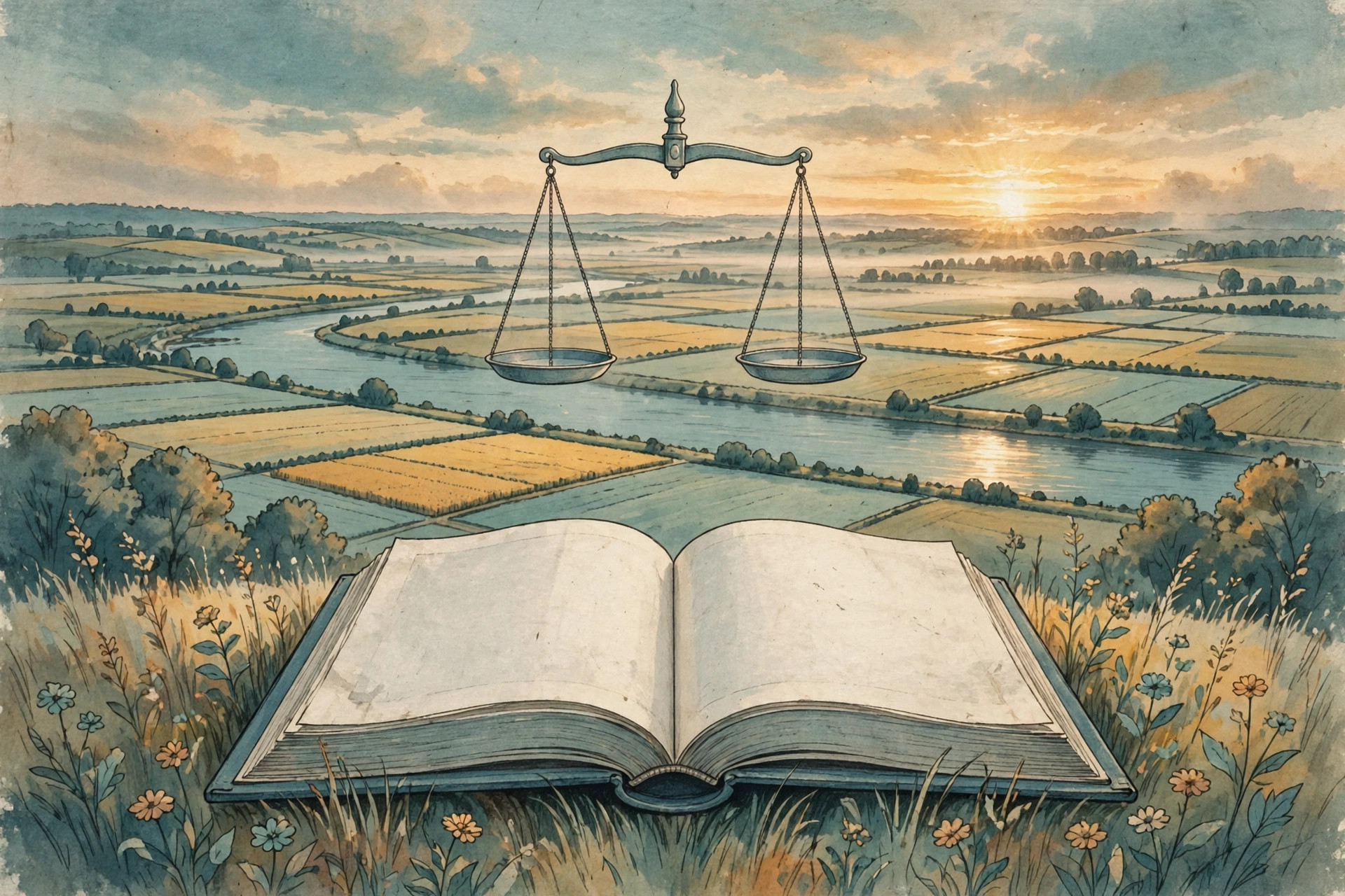 Editorial illustration of an open law book with scales of justice above it, under a sunrise over a river plain