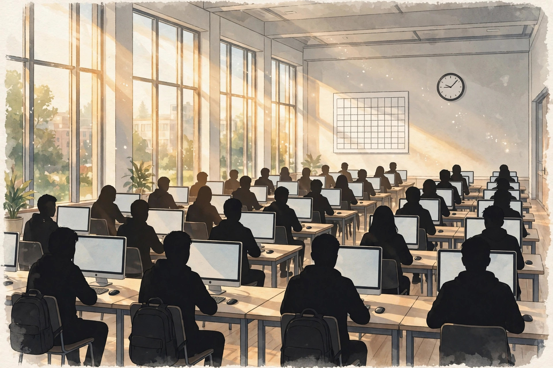 Editorial illustration of a bright university computer examination hall with rows of desks, a blank wall calendar and a clock
