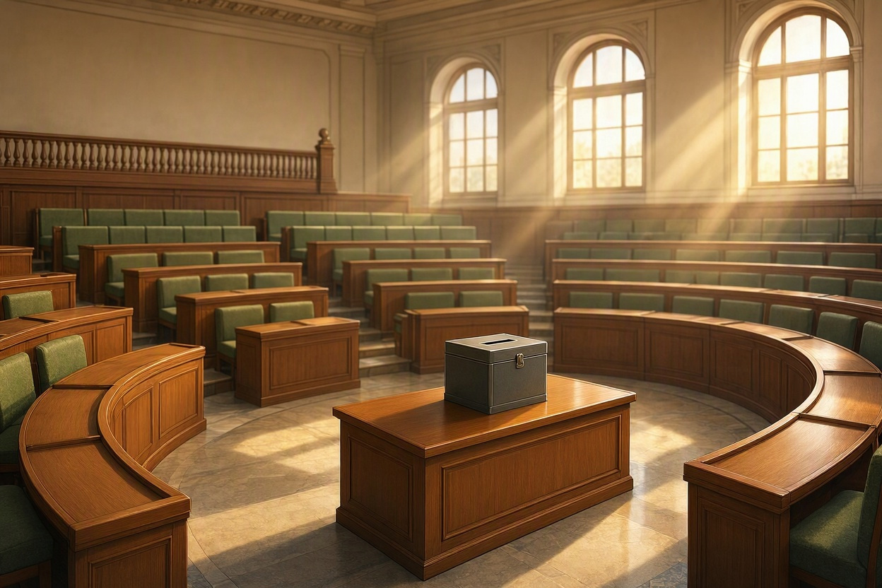 Editorial illustration of an empty legislative council chamber with a ballot box, symbolising the Uttar Pradesh MLC election results 2026
