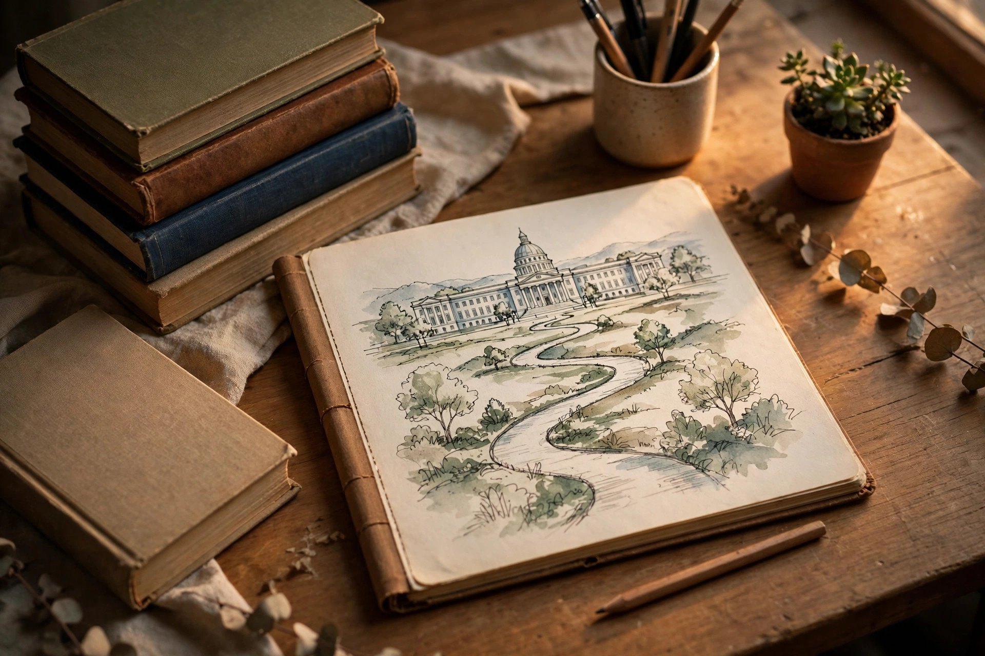 Illustration of a study desk with books and a winding roadmap path symbolising civil services preparation