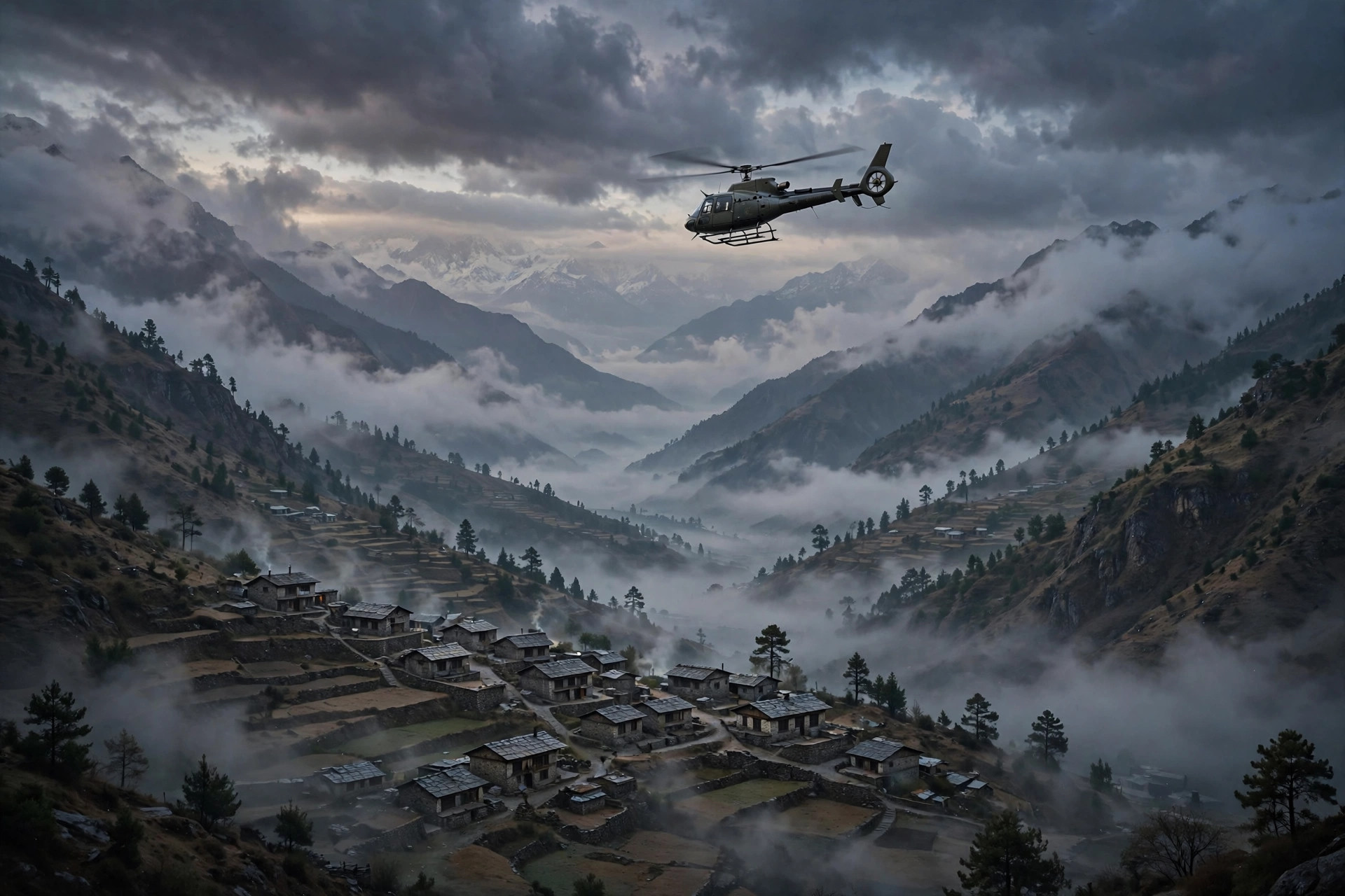Editorial illustration of a helicopter flying over a misty Himalayan valley near a mountain village at dusk