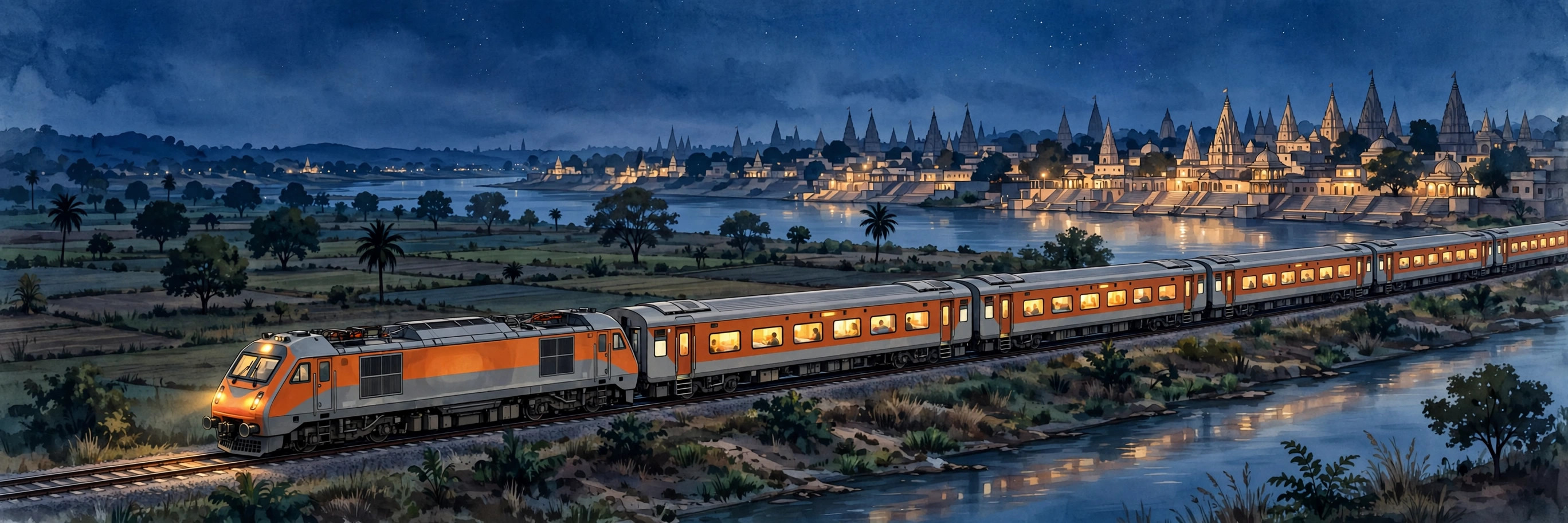 Editorial illustration of an orange and grey sleeper train travelling at night beside a river, with lit temple spires and ghat buildings in the background