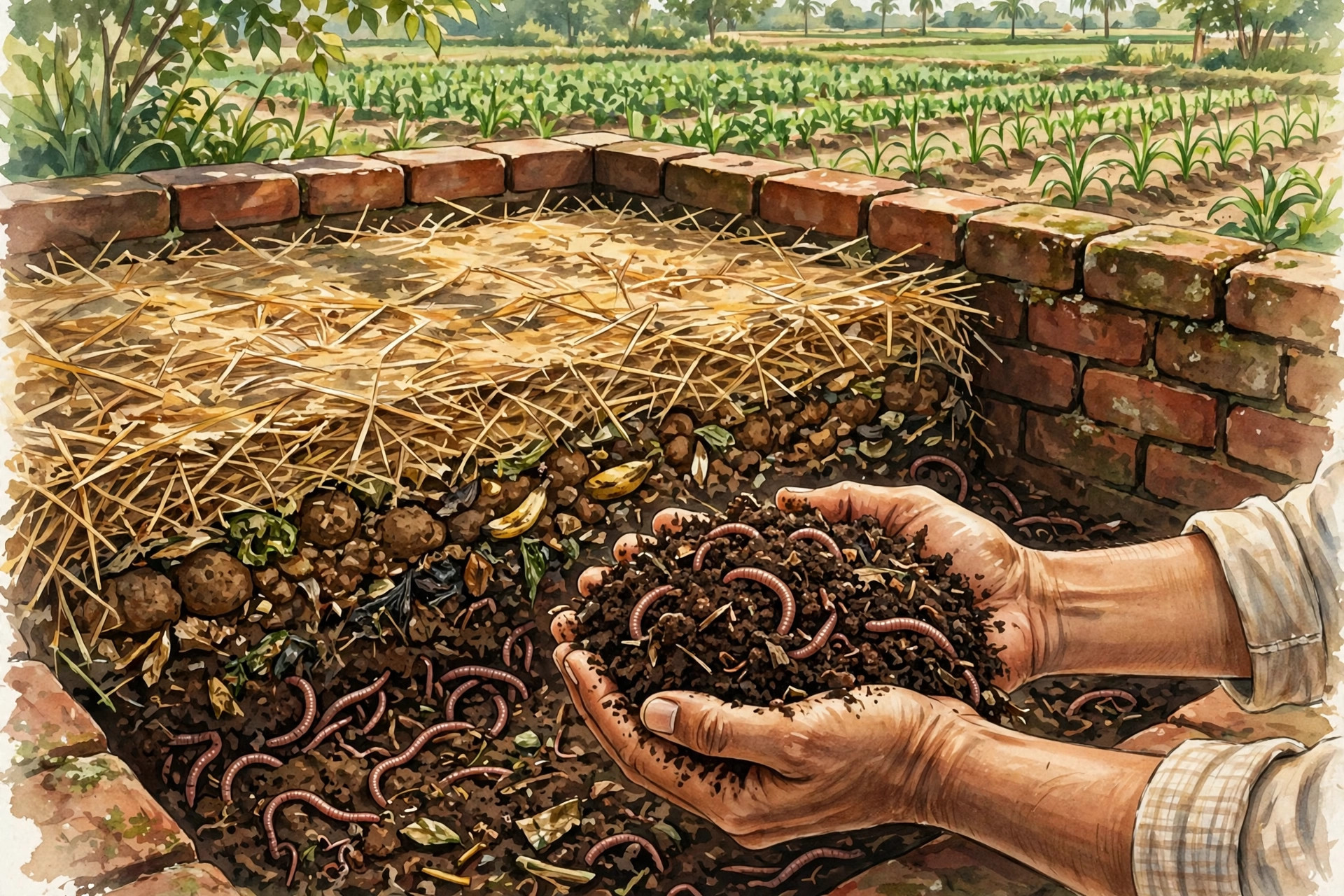 Earthworms in dark vermicompost in a shaded farm bed with straw and farm waste