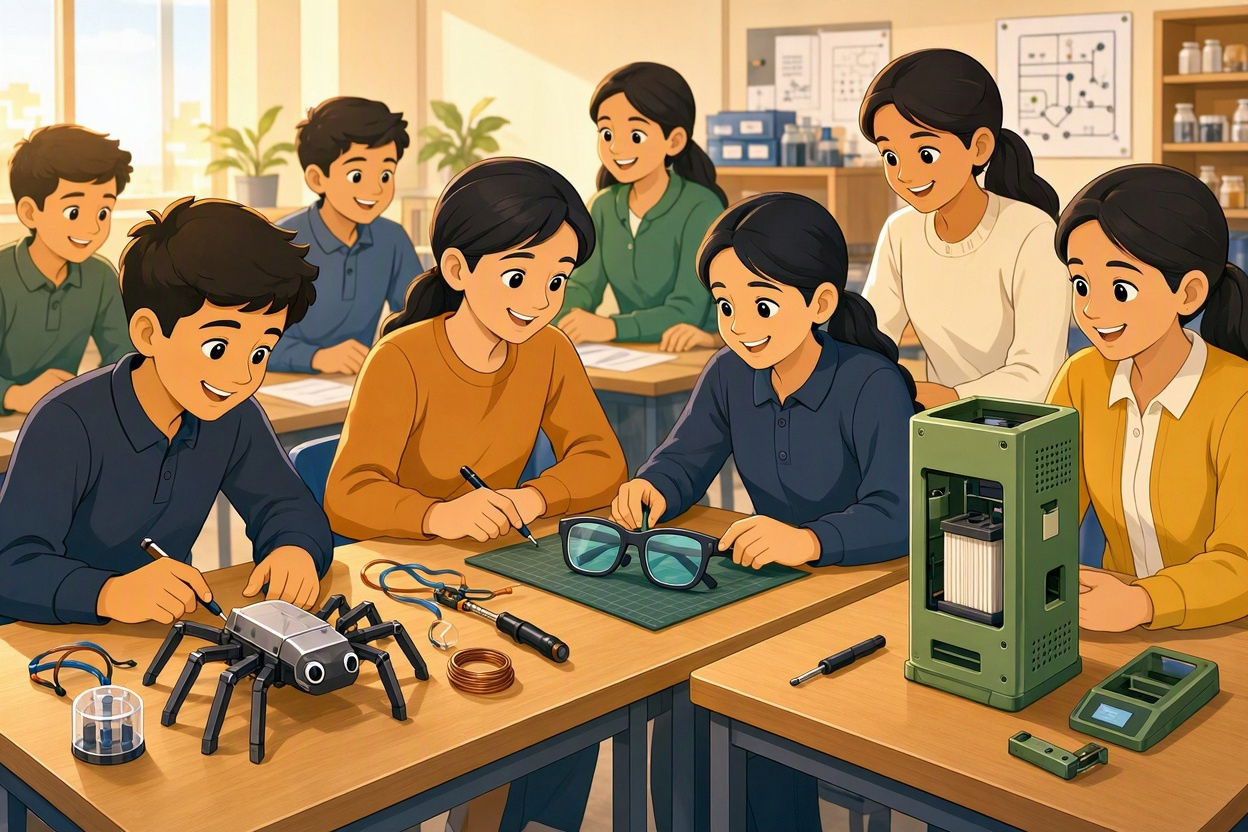 Editorial illustration of school students building science projects in a workshop, symbolising the Viksit Bharat Buildathon 2025 winners
