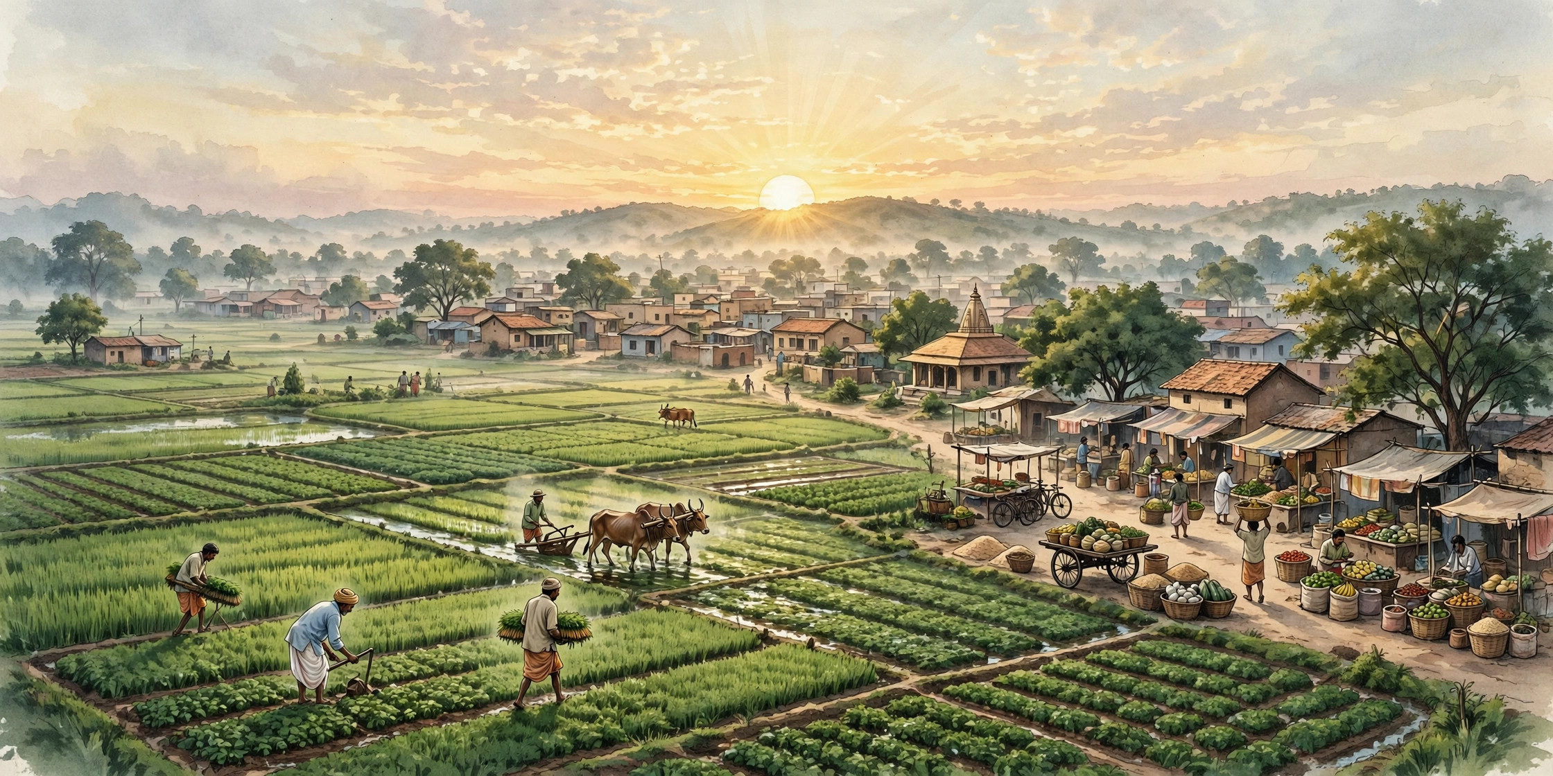 Editorial illustration of a rising sun over green fields and a small Indian town at dawn for India's poverty decline